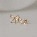 Yellow Gold Bow Knot Flat Back Threaded Stud Earring
