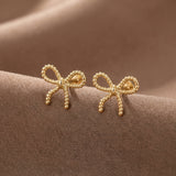 Yellow Gold Beaded Bow Knot Flat Back Earring