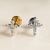 Diamond Pavé Studded Cross Flat Back Stud Earrings in Solid 14k Yellow Gold