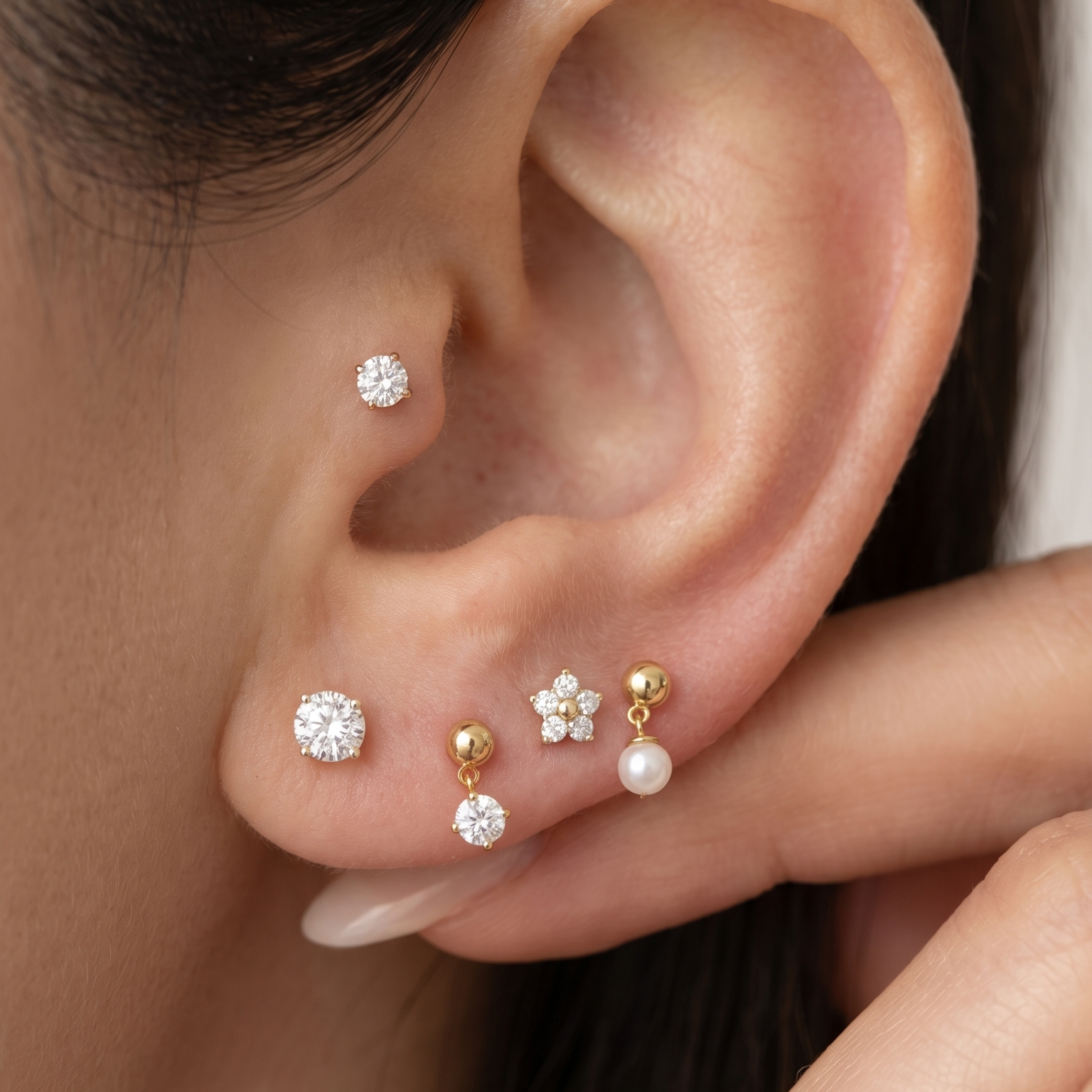 Yellow Gold Pearl Drop Threaded Flat Back Earring