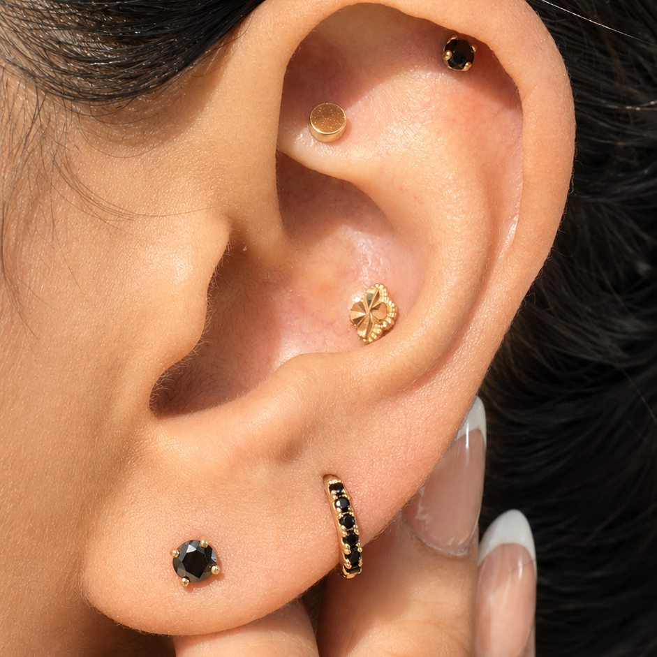 Yellow Gold Black Diamond Flat Back Earring