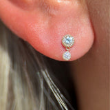 Double Diamond Drop Flat Back Stud Earrings in Solid 14k Yellow Gold
