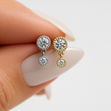 Double Diamond Drop Flat Back Stud Earrings in Solid 14k White Gold