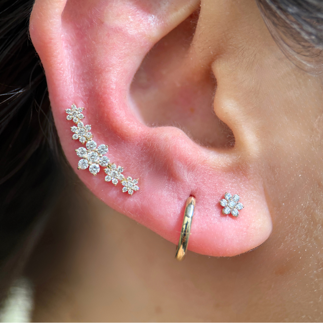 Seven Diamond Flower Flat Back Stud Earrings in Solid 14k Yellow Gold