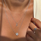 Sapphire and Diamond Pavé Flower Pendant Necklace in Solid 14k White Gold