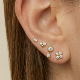 Triple Diamond Cluster Flat Back Stud Earrings in Solid 14k Yellow Gold