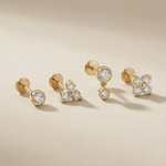Double Diamond Drop Flat Back Stud Earrings in Solid 14k Yellow Gold