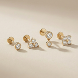Double Diamond Drop Flat Back Stud Earrings in Solid 14k Yellow Gold