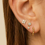 Beaded Diamond Four Petal Flower Flat Back Stud Earrings in Solid 14k Yellow Gold