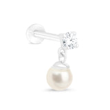 Diamond And Pearl Drop Flat Back Stud in Solid 14k White Gold