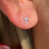 Diamond Pavé Studded Cross Flat Back Stud Earrings in Solid 14k White Gold