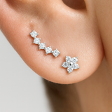Diamond Constellation Ear Climber Flat Back Stud Earrings in Solid 14k White Gold