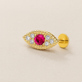Ruby Evil Eye Flat Back Stud in Solid 14k Yellow Gold