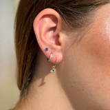 Hoop with Blue Topaz Evil Eye Charm in Solid 14k Yellow Gold