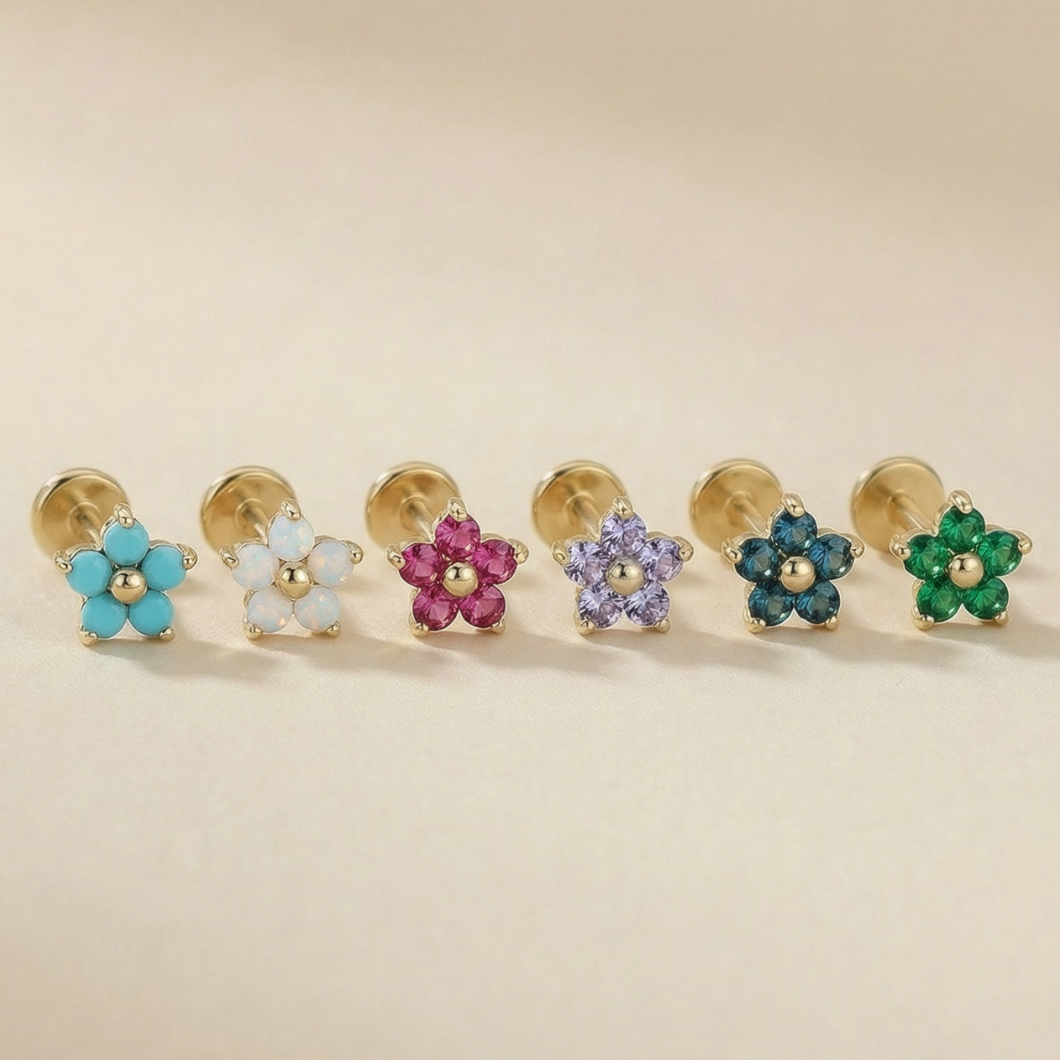 Emerald Flower Flat Back Stud Earrings in Solid 14k Yellow Gold