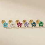 Emerald Flower Flat Back Stud Earrings in Solid 14k Yellow Gold