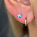 Turquoise Flower Flat Back Stud Earrings in Solid 14k White Gold