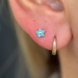 Turquoise Flower Flat Back Stud Earrings in Solid 14k White Gold
