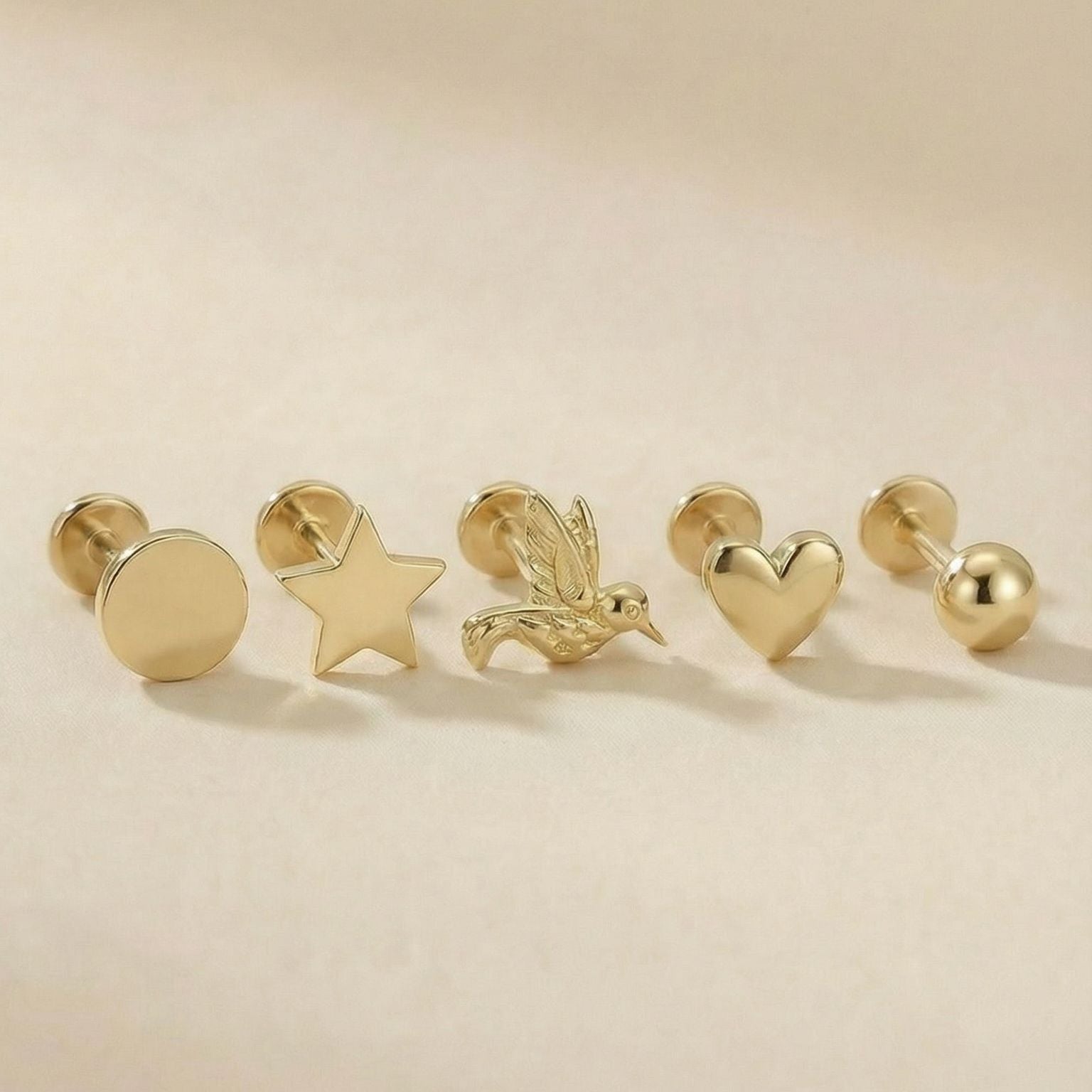 Gold Star Flat Back Stud Earrings in Solid 14k Yellow Gold