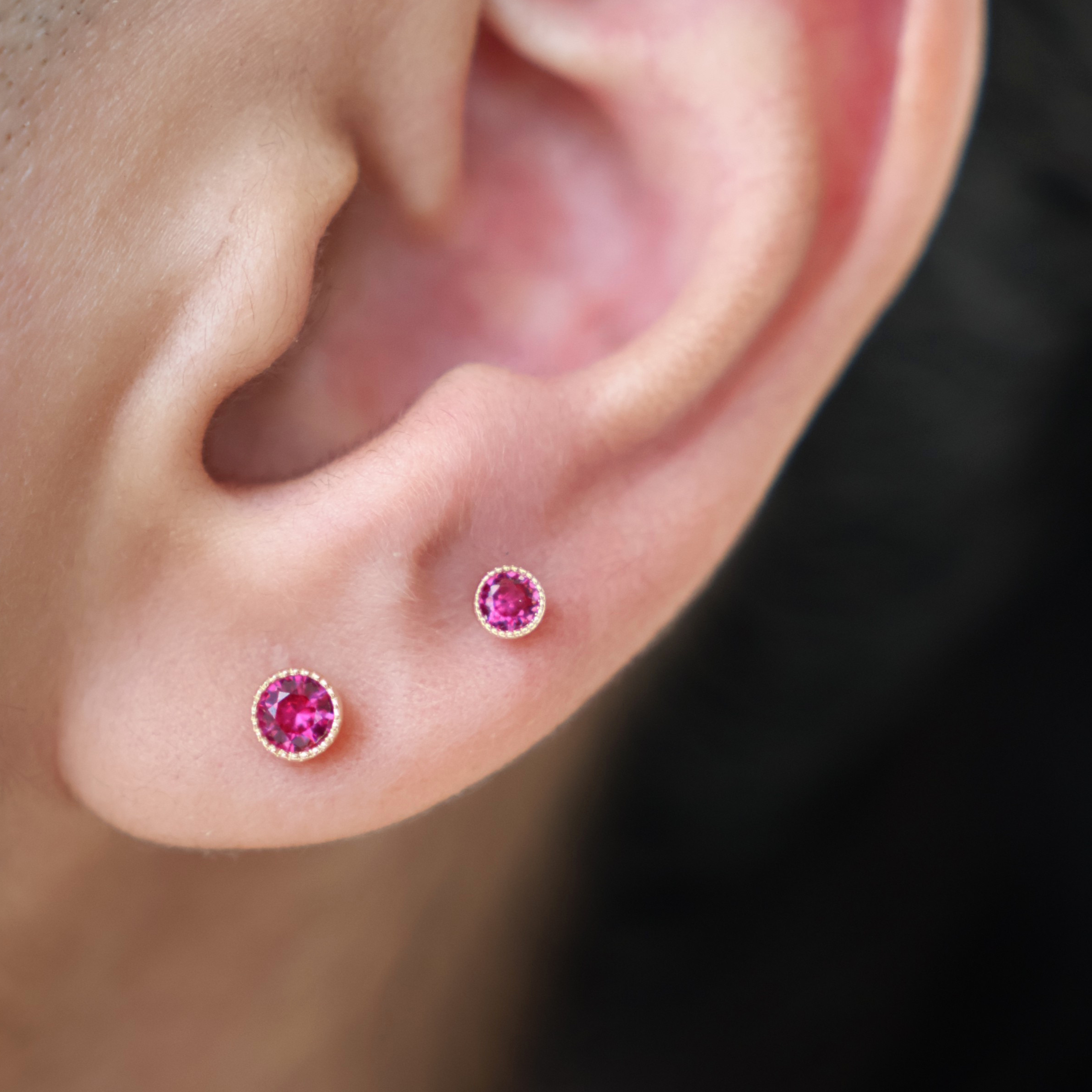 Yellow Gold Red Ruby Milgrain Set Flat Back Earring