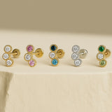 Triple Emerald Flat Back Stud Milgrain Set in Solid 14k Yellow Gold