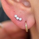 Triple Gemstone Flat Back Stud Milgrain Set in Solid 14k White Gold