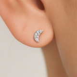 Diamond Pavé Studded Crescent Moon Flat Back Stud Earrings in Solid 14k White Gold