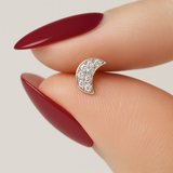 Diamond Pavé Studded Crescent Moon Flat Back Stud Earrings in Solid 14k White Gold