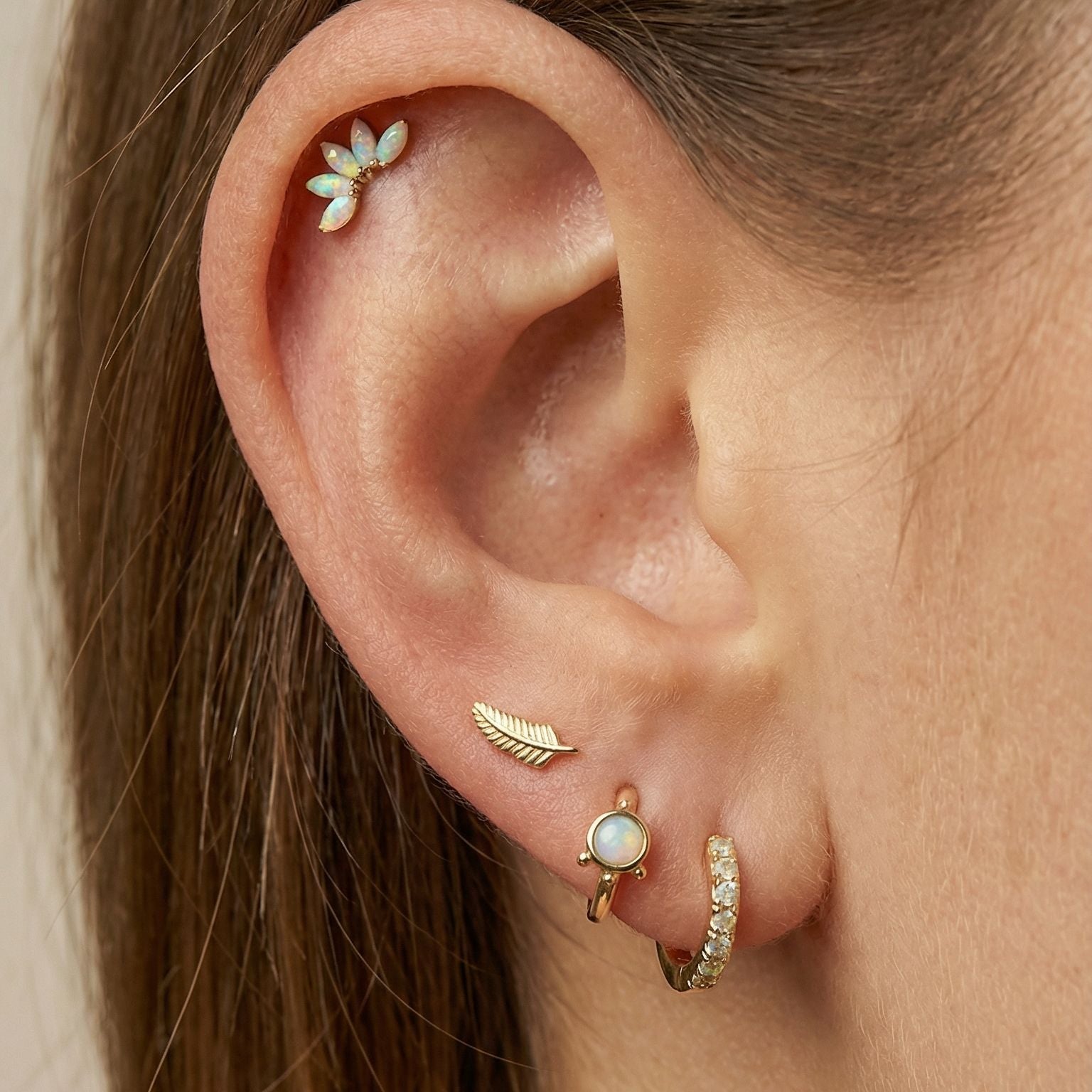 Pink Opal Huggie Earring in Solid 14k Rose Gold