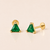 Yellow Gold Triangle Cut Emerald Flat Back Earring