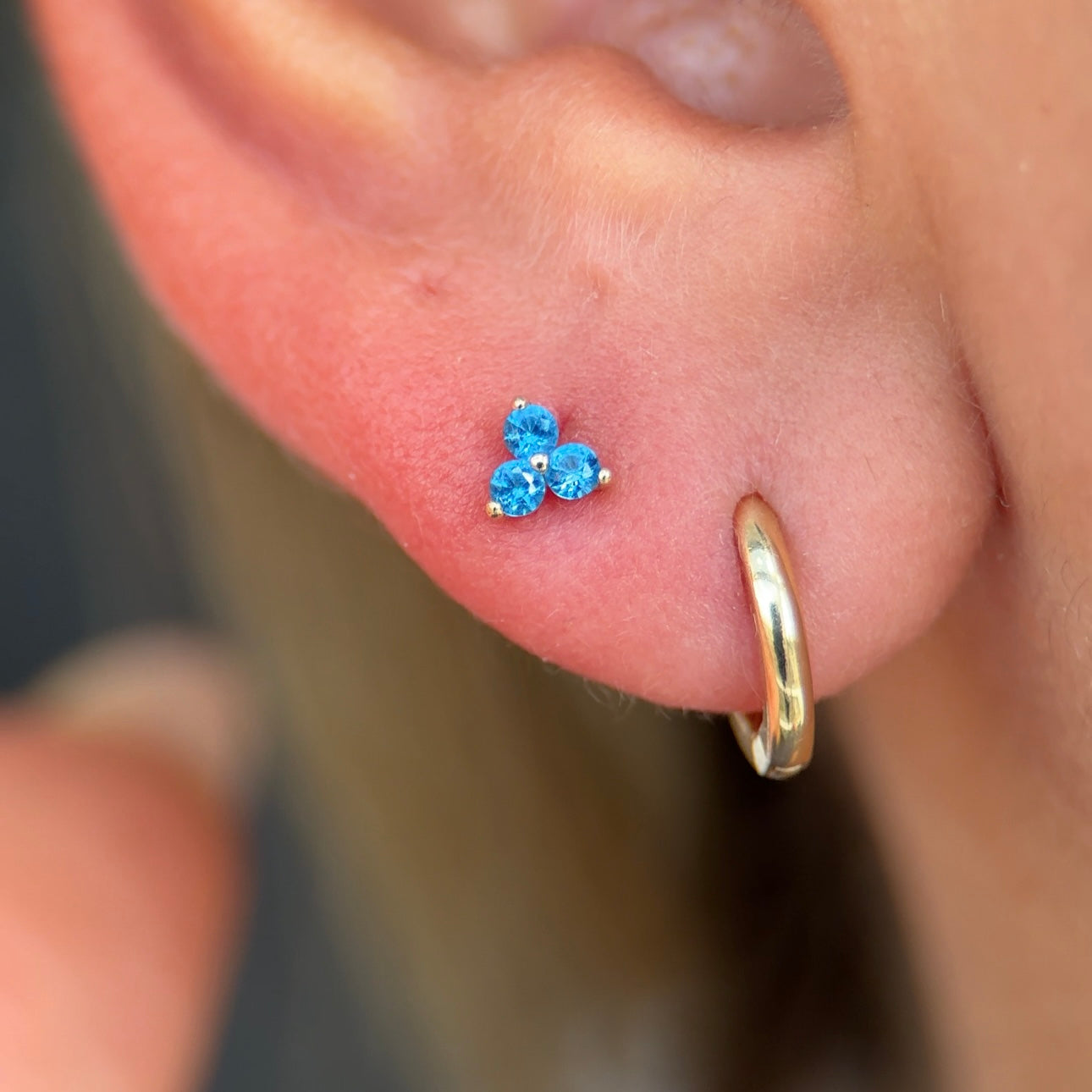 Yellow Gold Blue Topaz Trinity Cluster Flat Back Earring
