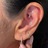 Triple CZ Beaded 14k White Gold Stud Earring