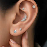 Seven Diamond Flower Flat Back Stud Earrings in Solid 14k White Gold