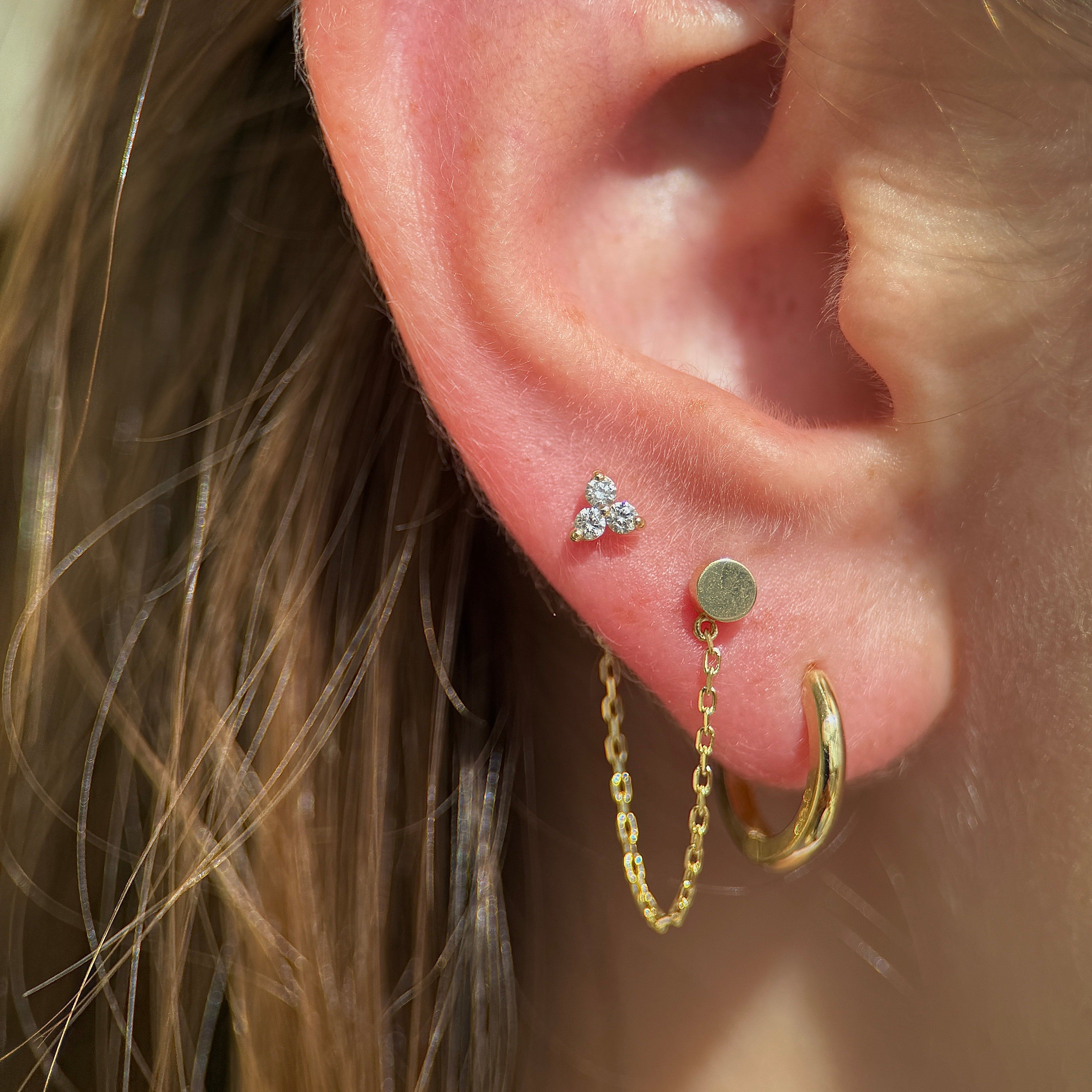 Diamond Trinity Cluster Flat Back Stud Earrings in Solid 14k Yellow Gold