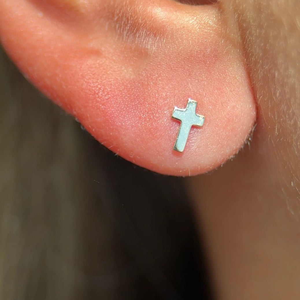 Solid 14k Yellow Gold Cross Flat Back Stud Earring