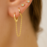 Handcuff Double Hoop Earring with Chain in Solid 14k Yellow Gold