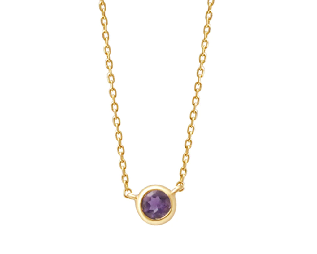 a yellow gold and amethyst birthstone station necklace
