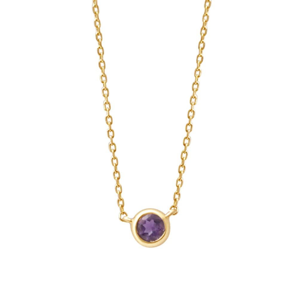a yellow gold and amethyst birthstone station necklace