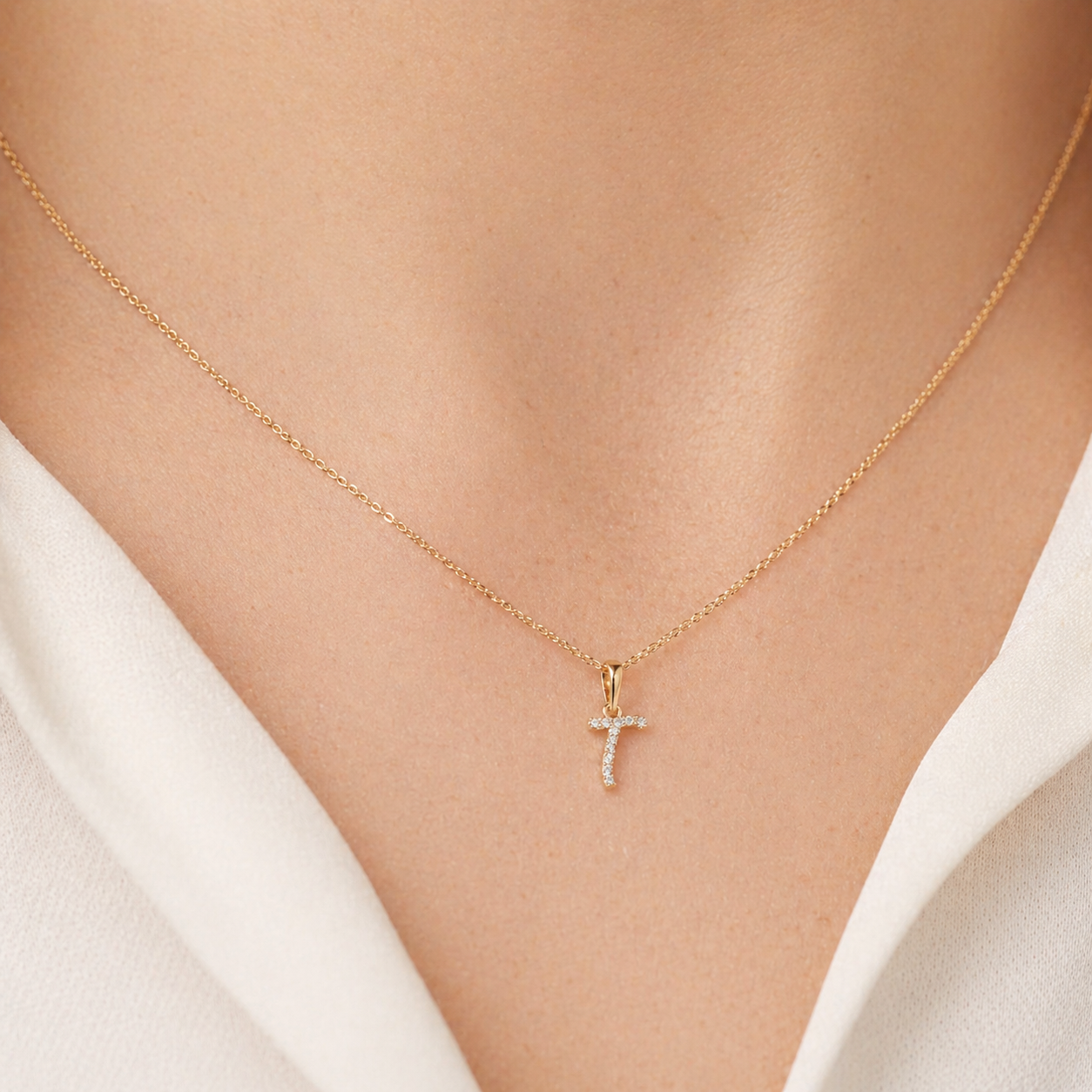 Yellow Gold Cursive Diamond Initial Necklace – T