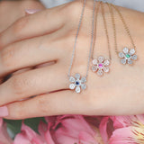 Sapphire and Diamond Pavé Flower Pendant Necklace in Solid 14k White Gold