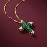Emerald and White Sapphire Cross Pendant in Solid 10k Yellow Gold