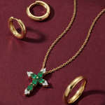 Emerald and White Sapphire Cross Pendant in Solid 10k Yellow Gold