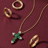 Emerald and White Sapphire Cross Pendant in Solid 10k Yellow Gold
