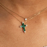 Emerald and White Sapphire Cross Pendant in Solid 10k Yellow Gold