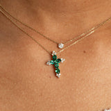 Emerald and White Sapphire Cross Pendant in Solid 10k Yellow Gold