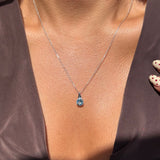 Round Blue Topaz Diamond Studded Pendant Necklace in Solid 14k White Gold