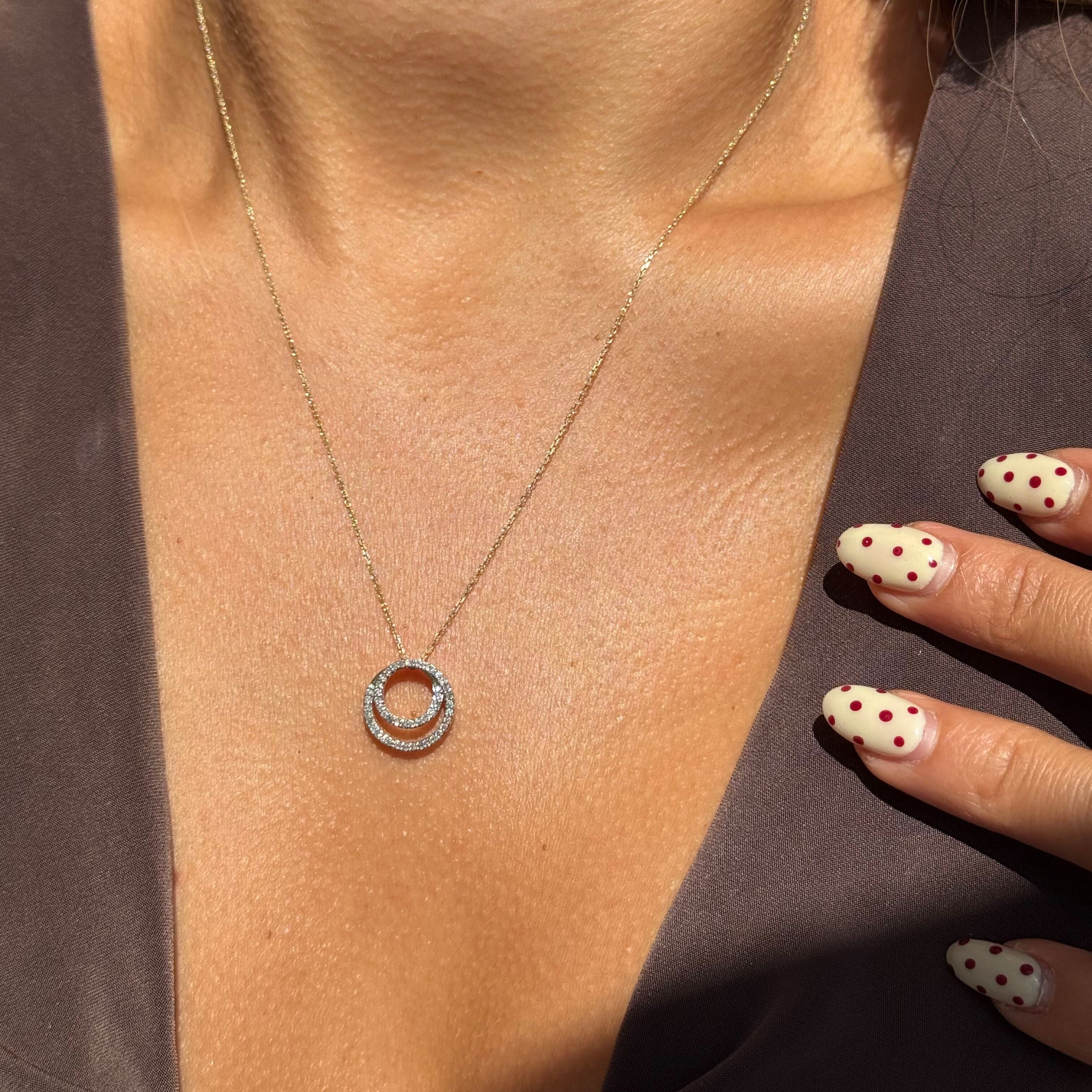 Double Circle Diamond Necklace in Solid 10k Yellow Gold
