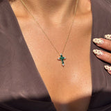 Emerald and White Sapphire Cross Pendant in Solid 10k Yellow Gold