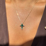 Emerald and White Sapphire Cross Pendant in Solid 10k Yellow Gold