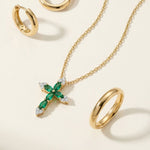 Emerald and White Sapphire Cross Pendant in Solid 10k Yellow Gold